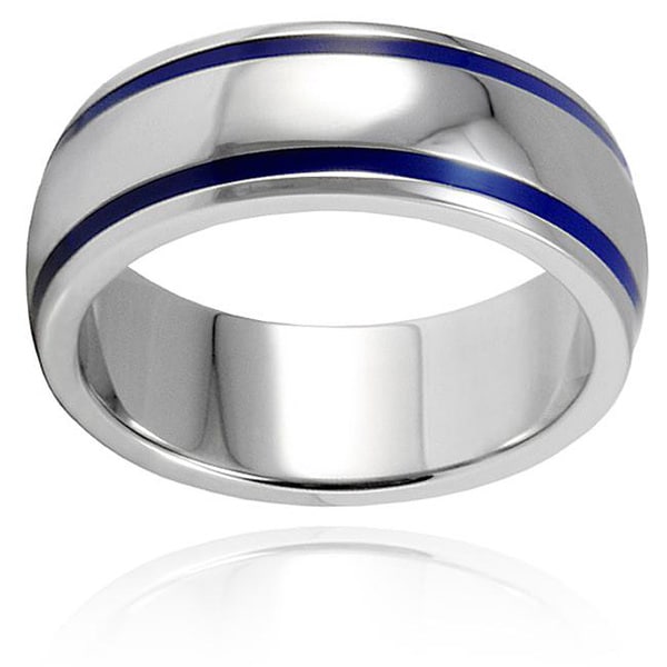 Stainless Steel Mens Blue Enamel Groove Domed Ring