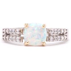 Sterling Silver/ 10k Gold and Created Opal and Cubic Zirconia Ring (Size 7)