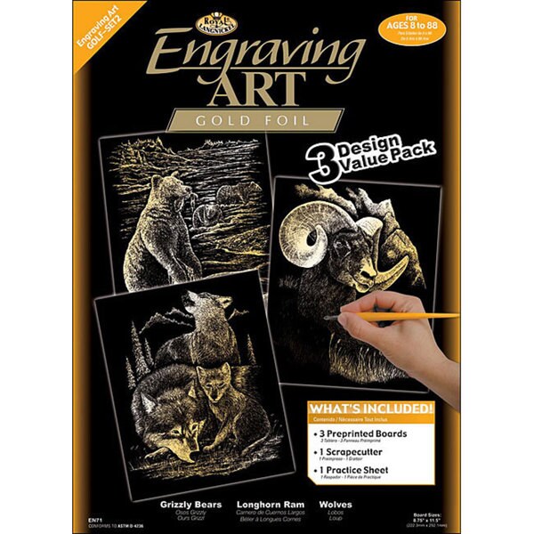 Engraving Art Grizzly Bears/ Rams/ Wolves Gold Foil Art Pack of 3