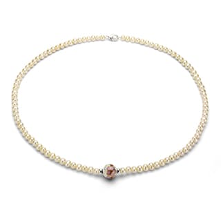 DaVonna Silver White FW Pearl and Cloisonne Necklace (4-5 mm)