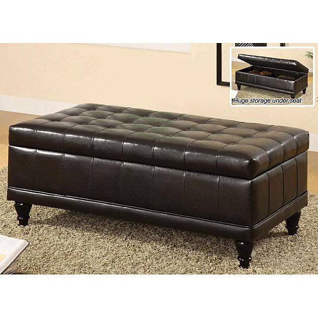 Brown Bicast Leather Storage Ottoman with Tufted Top