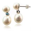 14k White Gold White Freshwater Pearl and Blue Topaz Earrings (7-8mm, 8-9mm)