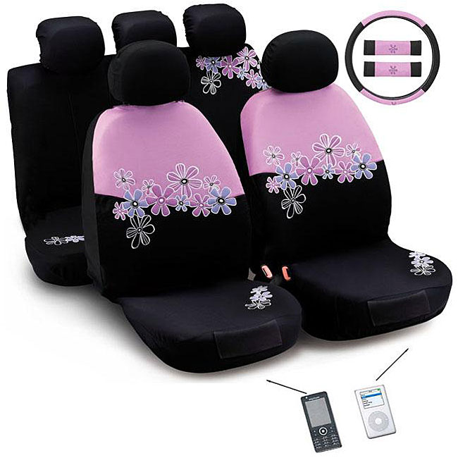 Daisy Flowers Pink and Black 12piece Automotive Seat Cover Set