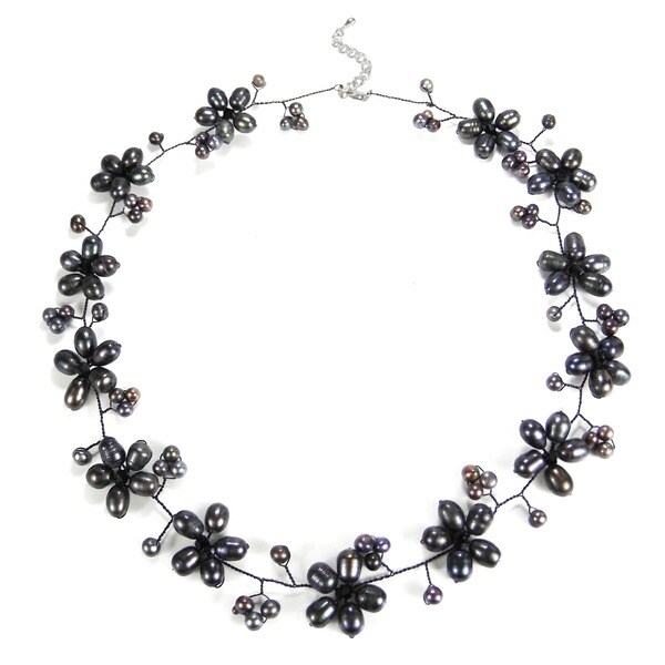 Memory Wire Black Pearl Cluster Flower Choker (Thailand) Overstock