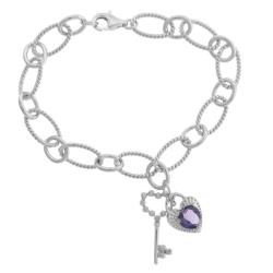 Sterling Silver Amethyst and Diamond Accent Charm Bracelet