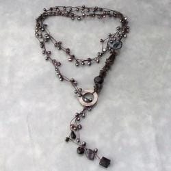Cotton Black Pearl/ Onyx/ Mother of Pearl Necklace (3-6 mm) (Thailand)