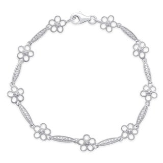 Finesque Sterling Silver Diamond Accent Milligrain Flower Bracelet