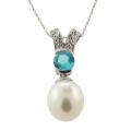 14k White Gold White Freshwater Pearl and Blue Topaz Necklace (8-9 mm)