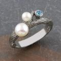 Silver Branch Freshwater Pearl Blue Topaz Ring (Thailand)
