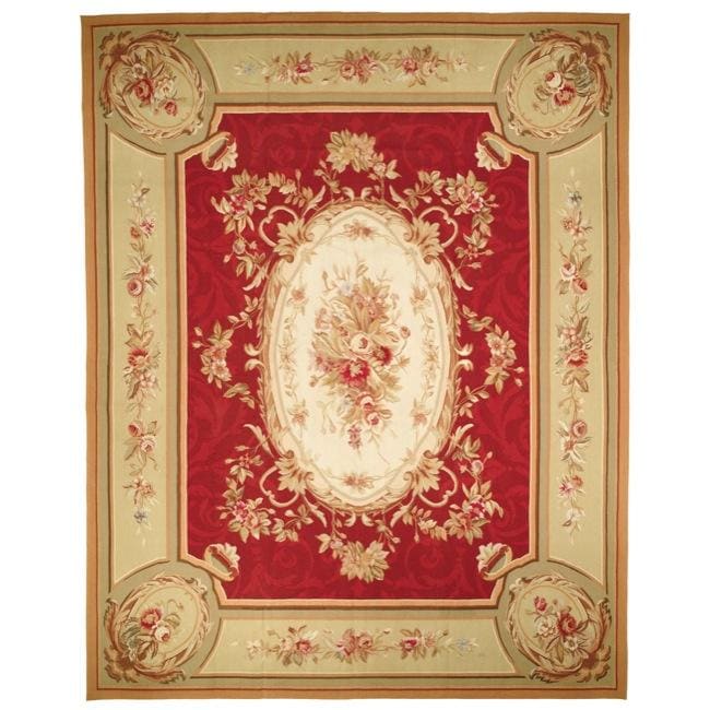 Handknotted French Aubusson Weave Red Taupe Wool Rug (6' x 9