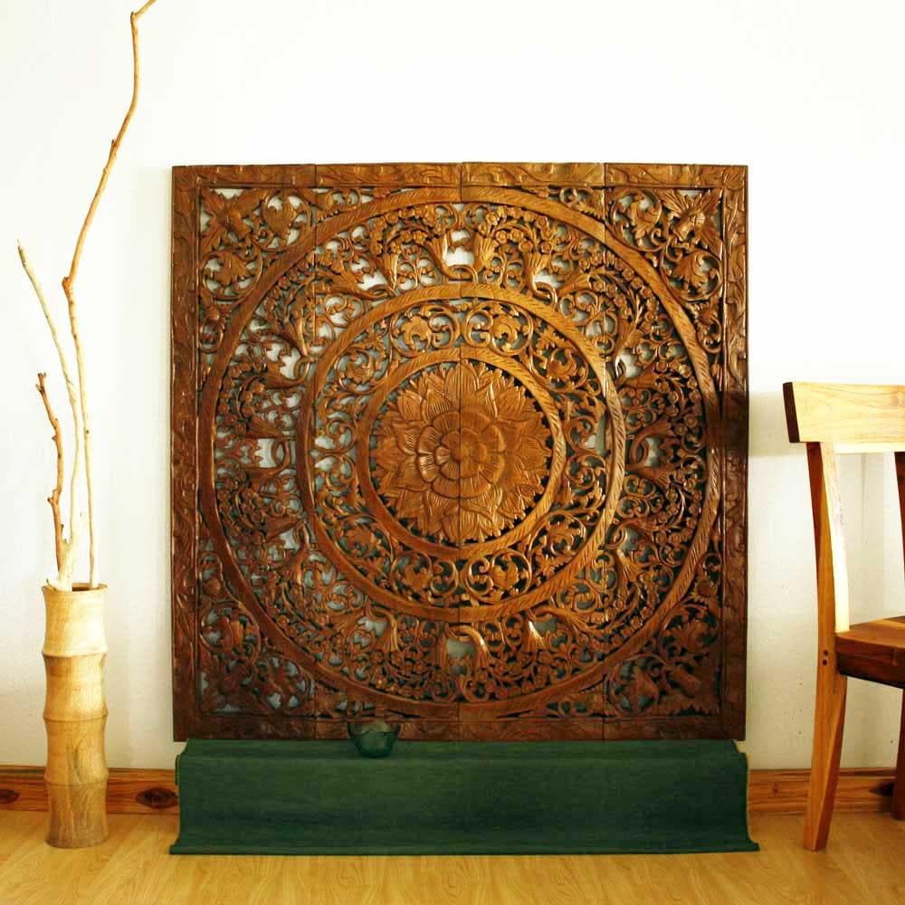 Reclaimed Teak Wood Natural Wax 48inch 3D Lotus Panel 