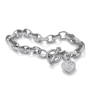 Isabella Collection Platinum over Silver Diamond Accent Heart Charm Bracelet