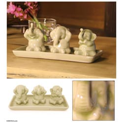 Hot Deal Set of 3 Celadon Ceramic 'Elephant Life Lessons' Figurines (Thailand)
