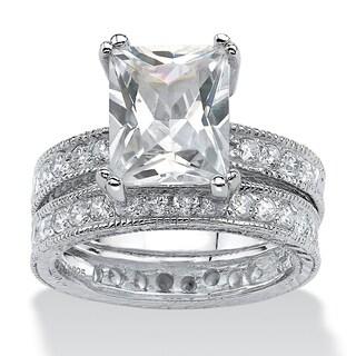 Ultimate CZ Sterling Silver Emerald-cut Cubic Zirconia Bridal Ring Set