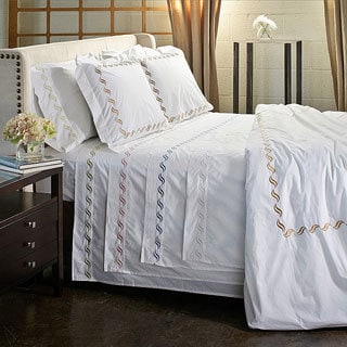 Scroll Embroidery 300 Thread Count Cotton Percale Sheet Set-Image