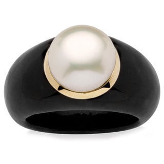 Angelina D'Andrea 10k Yellow Gold Black Jade and White Freshwater Pearl Ring