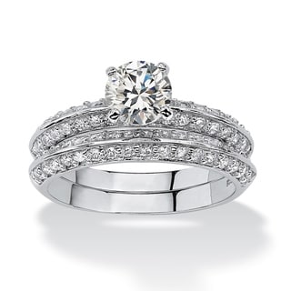 PalmBeach 2 Piece 2.10 TCW Round Cubic Zirconia Bridal Ring Set in Platinum over Sterling Silver Classic CZ