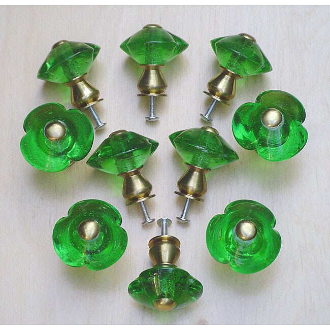 Satin Brass 3petal Emerald Green Glass Knobs (Pack of 10) Overstock