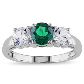 Miadora 10k White Gold Created Emerald and White Sapphire 3-stone Ring