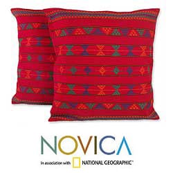 Low Price Set of Two 'Desert Ruby' Cotton Cushion Covers (India)