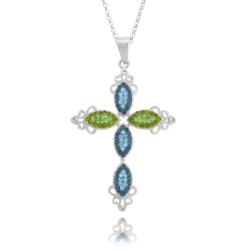 Sterling Silver Blue and Green Crystal Cross Necklace