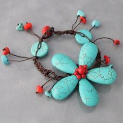 Cotton Rope Turquoise and Coral Flower Bracelet (Thailand)