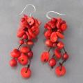 Sterling Silver Red Coral Cluster Drop Earrings (Thailand)