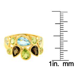 18k Yellow Gold over Silver Blue Topaz, Smokey Quartz and Peridot Ring