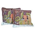 Set of Two Cotton Batik 'Elephant Family' Cushion Covers (Thailand)
