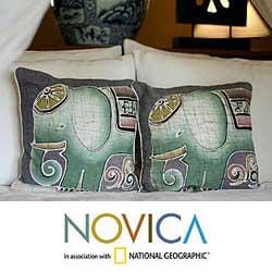 Set of Two Cotton Batik 'Dreamy Elephants' Cushion Covers (Thailand)