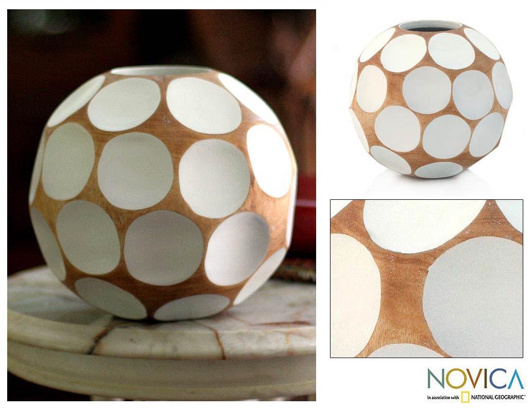 Handcrafted Mango Wood 'White Soccer Ball' Vase (Thailand) Overstock