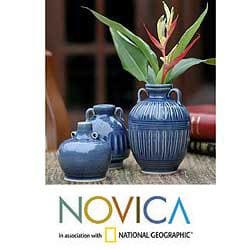 Set of 3 'Sawankhalok Sky' Celadon Ceramic Vases (Thailand)