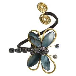 Cotton Brown/ Black/ White Shell and Pearl Dragonfly Brass Cuff (5-10 mm) (Thailand)