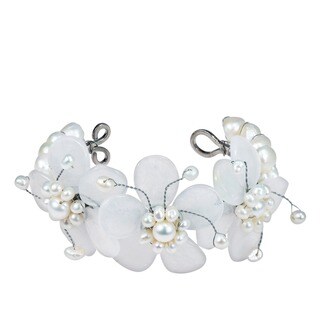 Triple Clear Quartz Flower and White Pearl Cuff (5-15 mm) (Thailand)