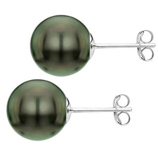 DaVonna Silver Black 9-10mm Tahitian Pearl Stud Earrings with Gift Box