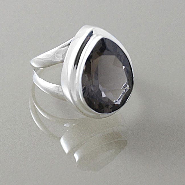 Sterling Silver Faceted Smokey Quartz Almond Drop Ring (Indonesia)