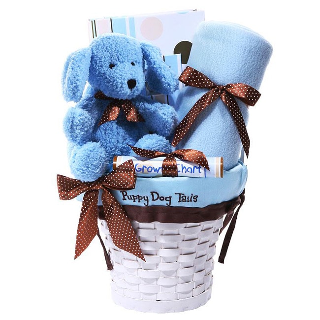 Puppy Dog Tails Blue/White Baby Gift Basket with Blanket