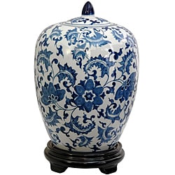 ( ._.) Porcelain 12-inch Blue and White Floral Vase Jar (China)