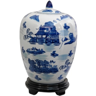 Porcelain 12-inch Blue and White Landscape Vase Jar (China)