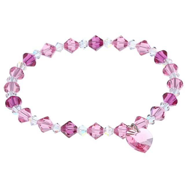 Crystale Sterling Silver Pink and Clear Crystal Heart Stretch Bracelet