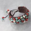 Cotton Turquoise/ Coral/ Pearl Pull Wrist Bracelet (3-6 mm) (Thailand)