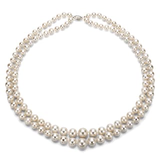 DaVonna Silver White Freshwater Pearl 2-row Graduated Necklace with Gift Box