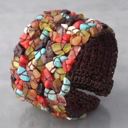 Cotton Mosaic Multicolor Gemstones Wire Cuff Bracelet (Thailand)