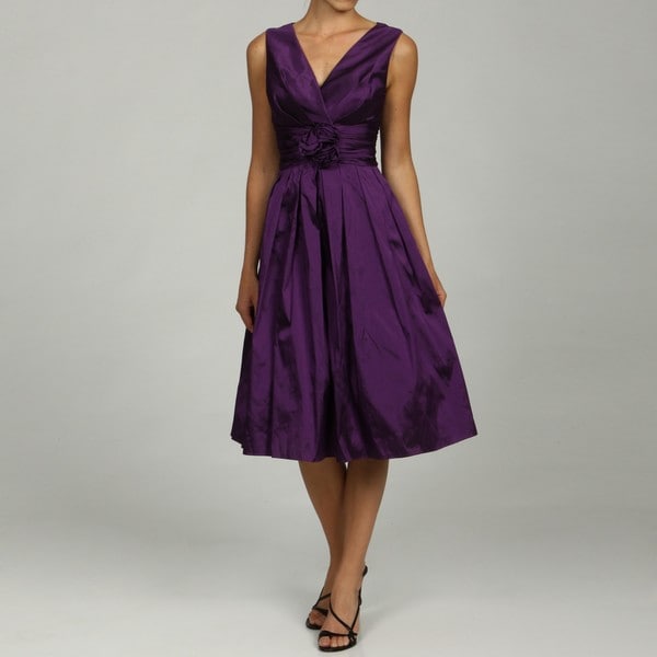 Eliza J Women's Surplice Top with Ruche Midriff and Full Skirt Dress