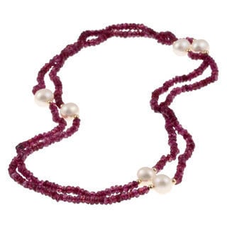 DaVonna 14k Gold Garnet/ White 10-11mm FW Pearl Necklace (36 in) with Gift Box