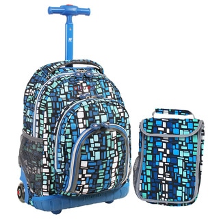 J World Blue Squares 16-inch Kids Rolling Backpack with Lunch Bag