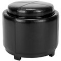 Broadway Single Tray Black Leather Storage Round Ottoman