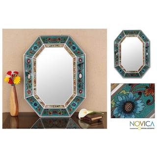 Reverse-painted Glass 'Infinite Aqua' Wall Mirror (Peru)