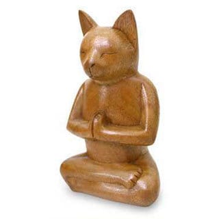 Great Prices Suar Wood 'Cat In Deep Meditation' Sculpture (Indonesia)