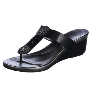 Bandolino Women's 'Hominy' Black T-strap Wedge Sandals - Overstock ...